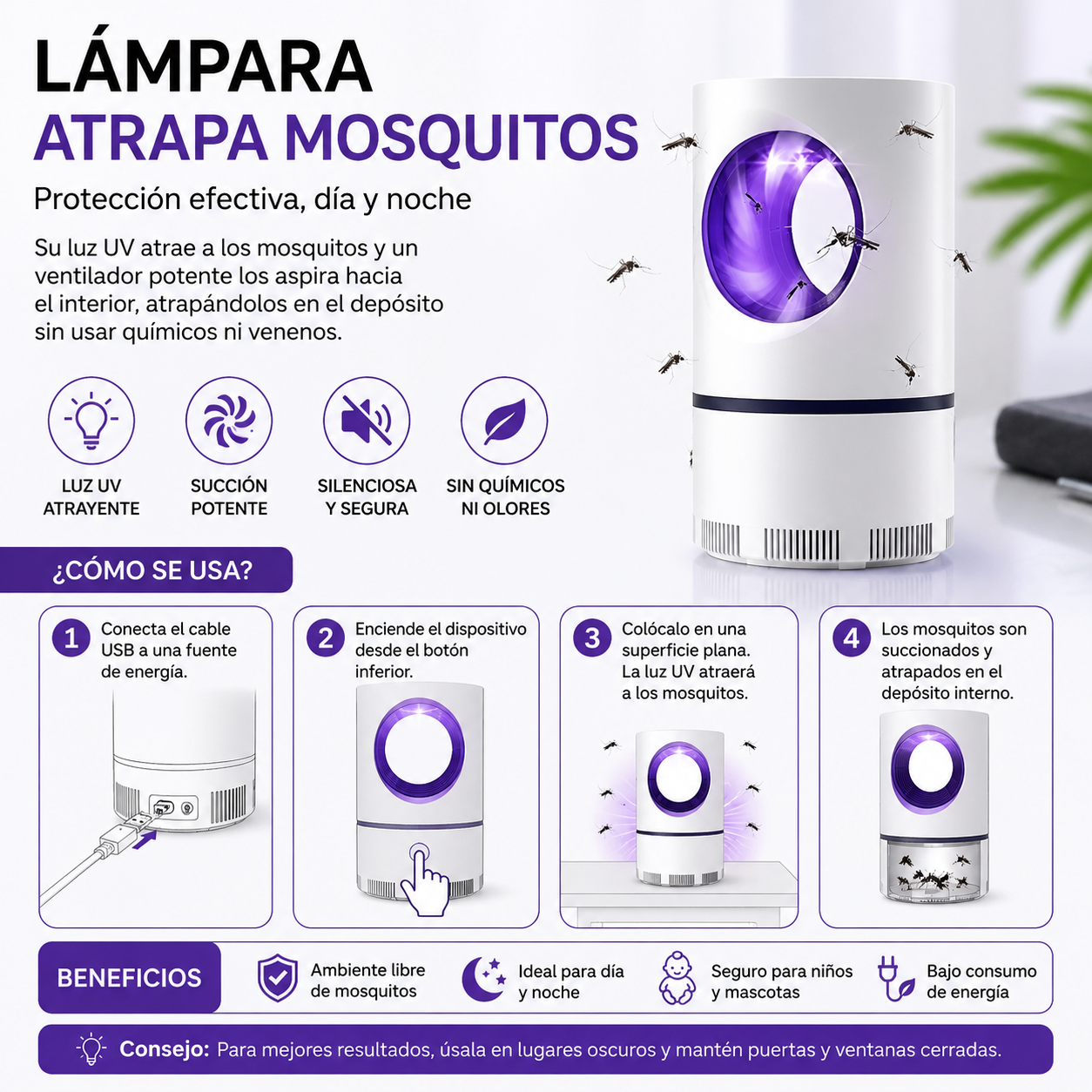 Lampara LED Atrapa Mosquitos USB